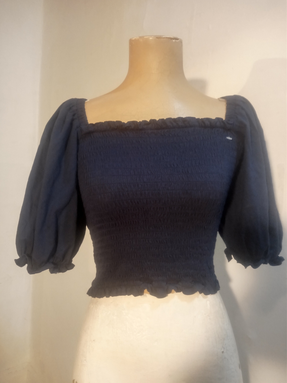 LOFT Navy Smocked Square-Neck Puff-Sleeve Crop Top